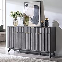 Vista 3 de T4TREAM - Gabinete grande de aparador con almacenamiento, mesa de buffet moderna estriada de 60" para barra de café, barra de vino, gabinete