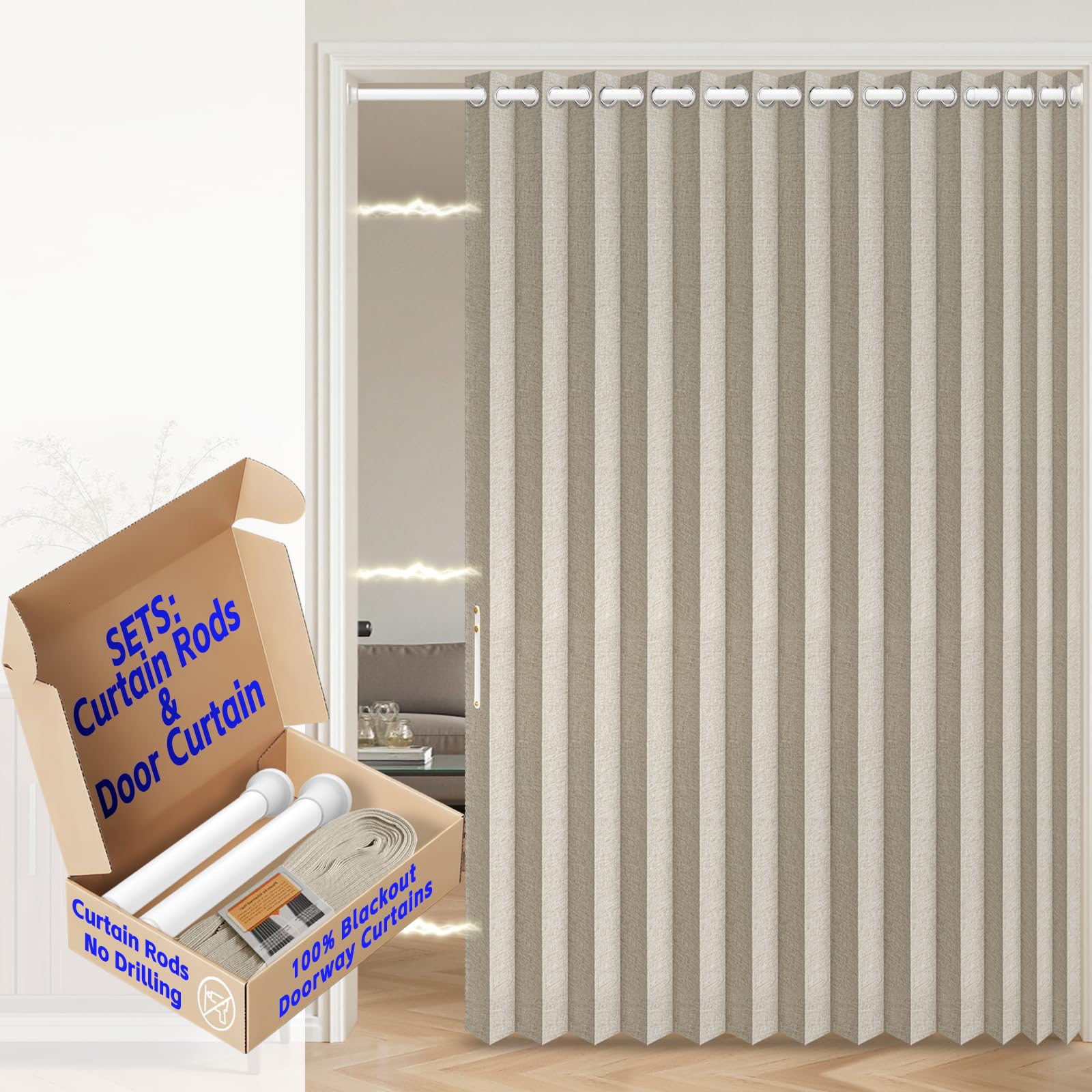 AJAZZ Blackout Accordion Door Curtains with Curtain Rods Adjustable 28-63" Long, Magnetic Door Curtain Blackout Curtains for Bedroom, Doorway Curtain Set, 1 Pack, W75 x L80 in, Cream White