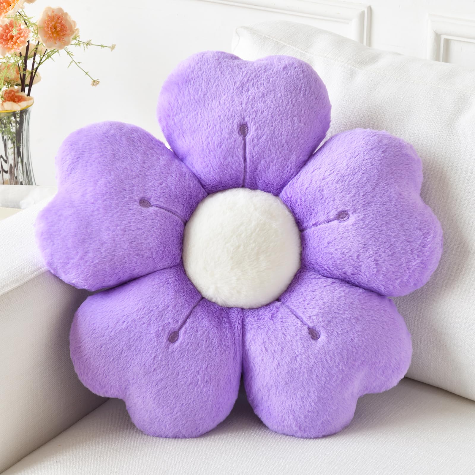Flower Pillow, Flower Shaped Pillow Decorative Throw Pillows for Bed Couch, Cute Daisy Pillow Dorm Decor Floor Seating Cushion (Dark Purple, 15 Inches)