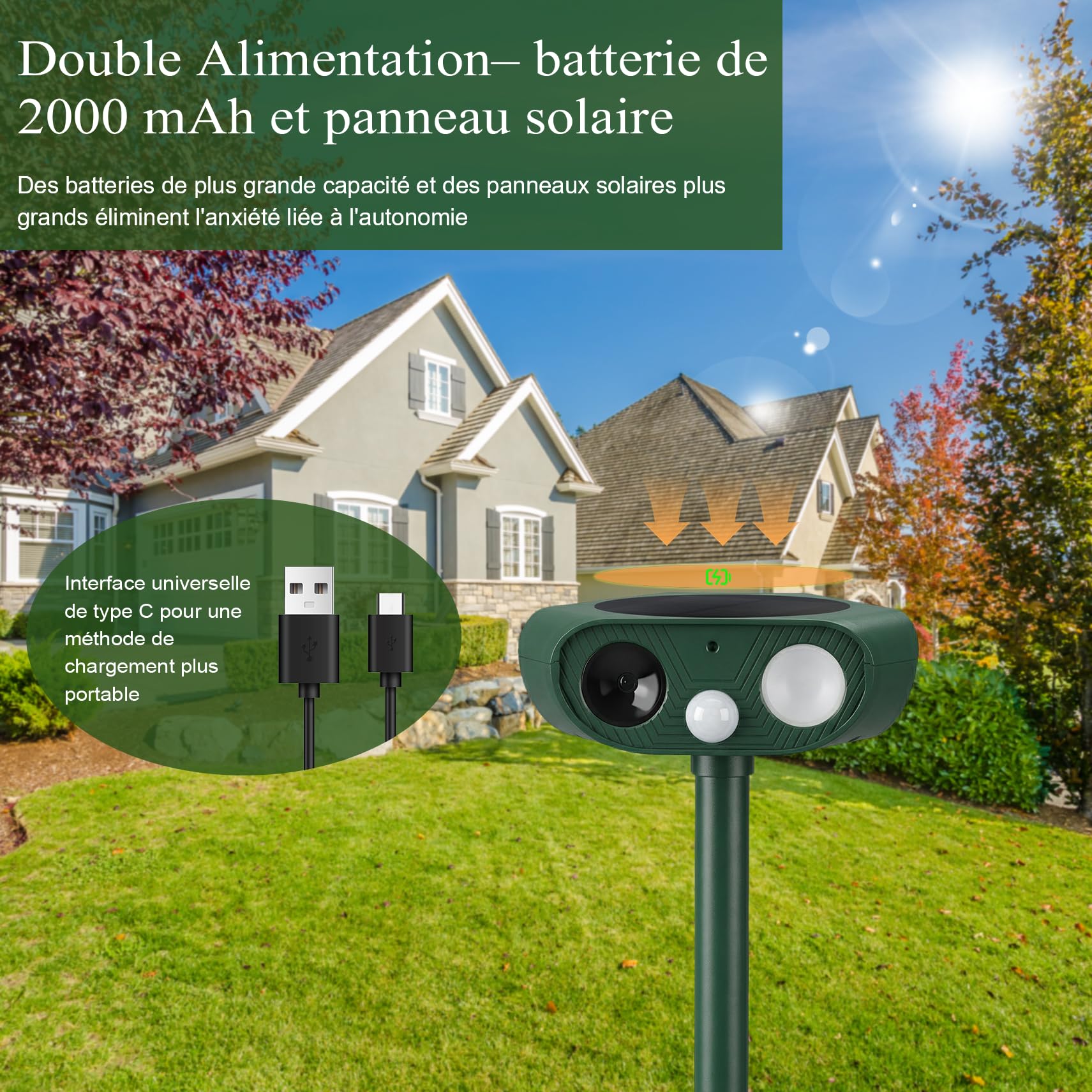 Repulsif Chat Exterieur 360°, Ultrason Chat Trois Côtés Travaillant Simultanément, IP65 Imperméable Répulsif pour Chat avec Flash LED, Détecteur PIR, Anti Chat Chiens Souris Ratons