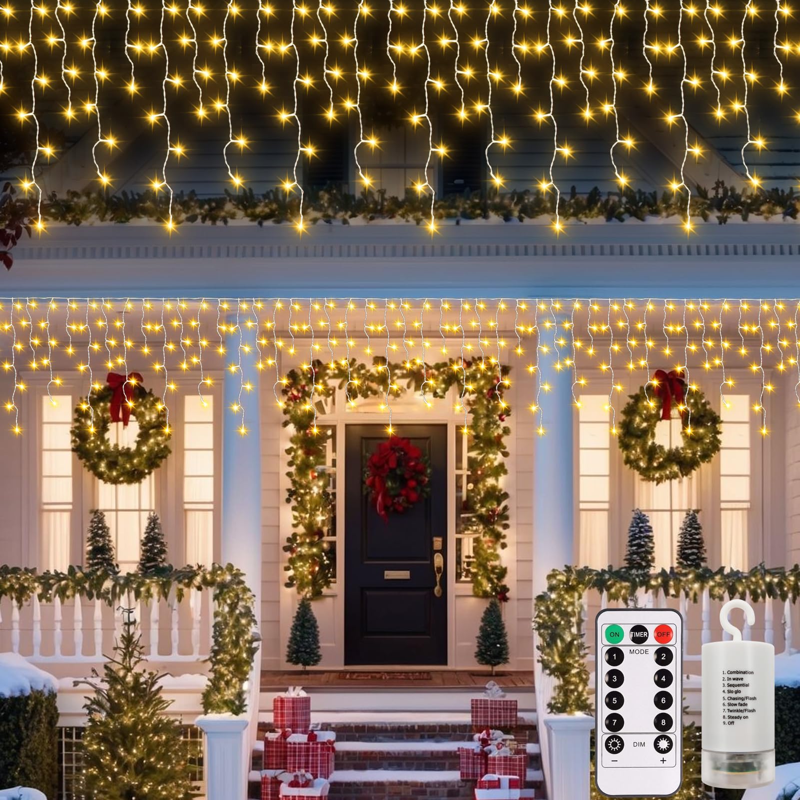 DBFAIRY Christmas Icicle Lights Outdoor, 6M 300 LED Curtain Fairy Lights Battery Operated with Remote 8 Modes Icicle String Lights for Window Gazebo Balcony Roof Decor - Warm White