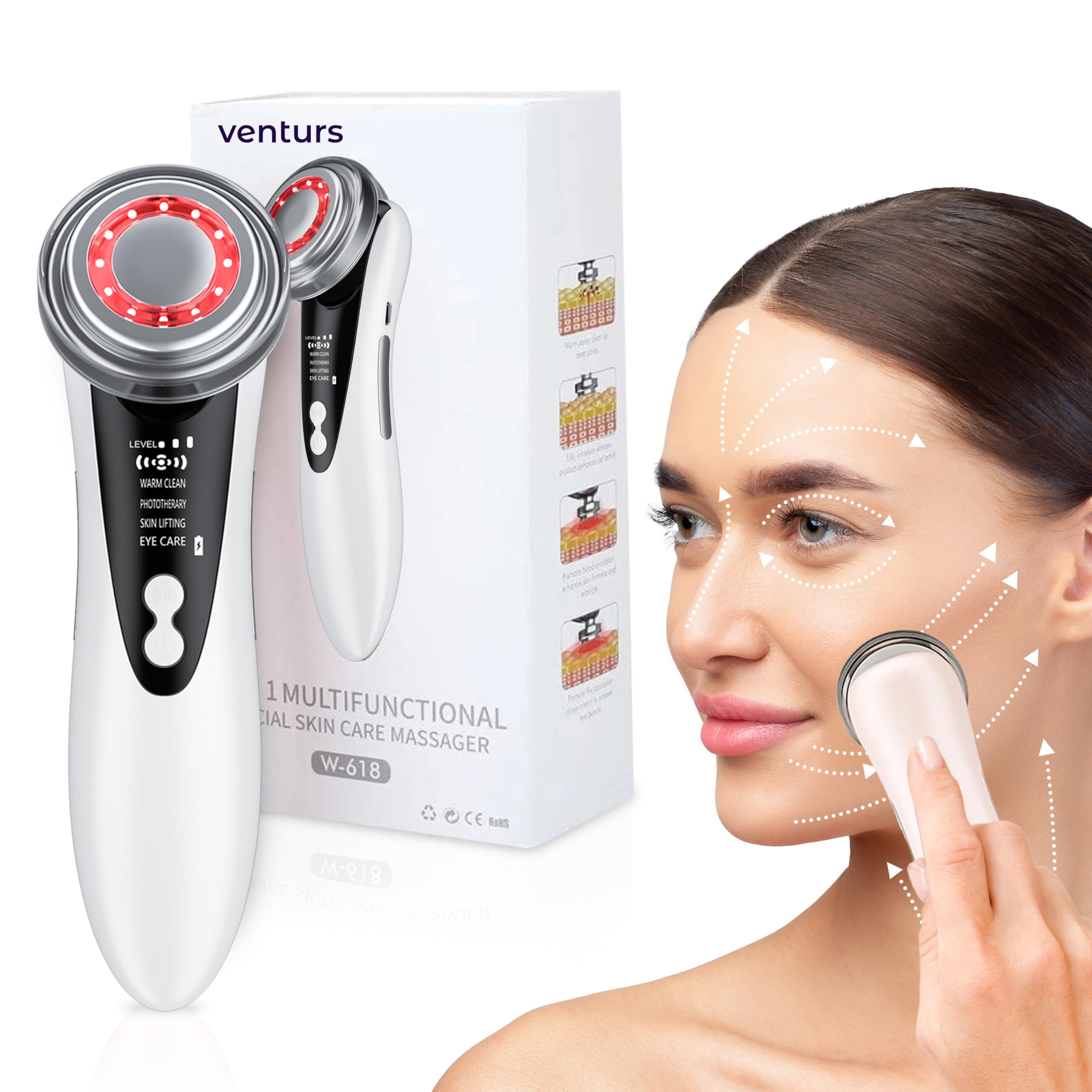 VENTURS Facial Aparato Radiofrecuencia | 5 modos de Terapia de luz LED | Masajeador Facial Eléctrico | Limpieza Facial, Antiarrugas, Rejuvenecimiento | Cuidado Facial