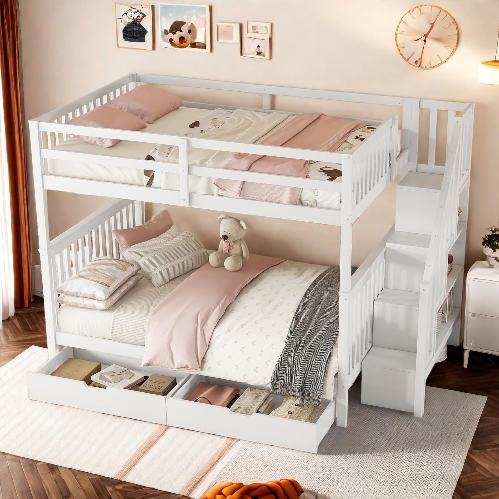 Sapgaks Lit cabane Enfants 140x200cm,lit superposé Enfant antichute,lit Mezzanine 2 Places,superposé 140x200cm,étagère d'escalier,équipé de Deux tiroirs,Garde-Corps Hauts,certifié EN747-1,Blanc
