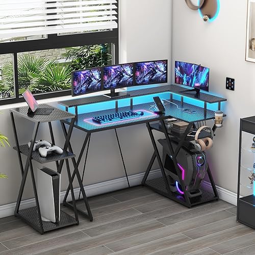 Miniatura 6 de Escritorio para juegos en forma de L de 47 pulgadas, escritorio para juegos con luces LED, escritorio para computadora con tomas de corriente, mesa