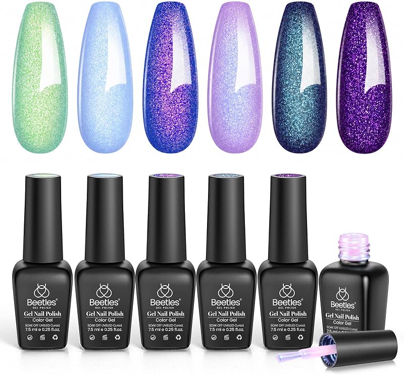 Juego de esmaltes de uñas en gel con purpurina Beetles, Kaleido Galaxy 6 colores Camaleón | El esmalte en gel con brillo azul, verde y morado agrega un acabado brillante para el arte de uñas con LED ultravioleta de bricolaje