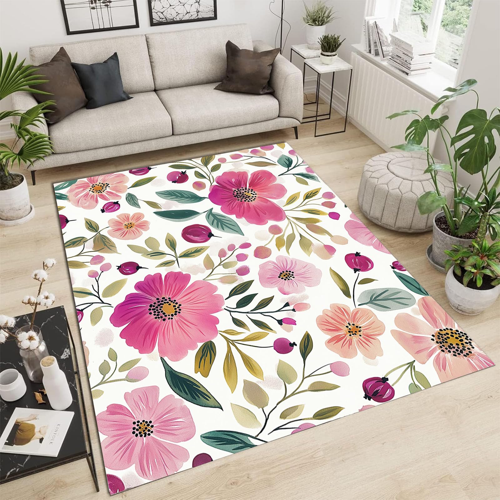 Tapis de sol moderne floral violet et vert 150x210 cm pour salon