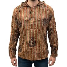 Shopoholic Fashion Mens Handmade Stonewashed Boho Hooded Shirt | Wooden Buttons & Front Pocket, Ethical Cotton Festival Shirt