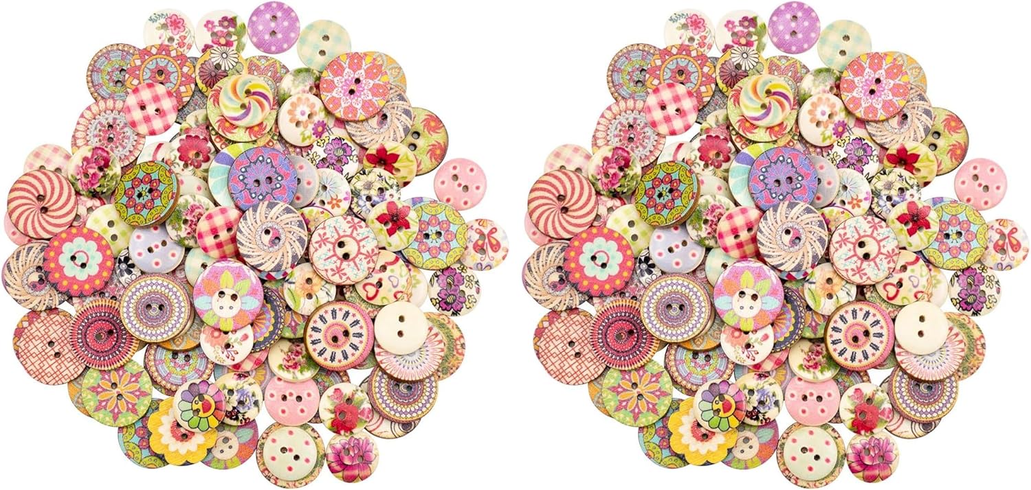 Foraineam 400pcs Mixed Wooden Buttons Bulk 2 Holes Round Decorative Wood Craft Button for Sewing Crafting (Pack of 2)