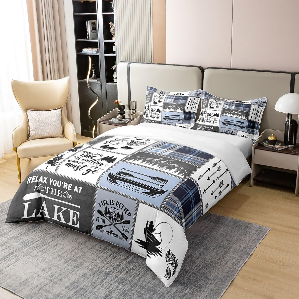 Rustic Farmhouse Style 100% Nature Cotton Duvet Cover King Size,Lake Theme Outdoor Camping Anchor Paddle Silhouette Bedding Set (Not Comforter),Seaside Cabin Wild Duck Comforter Cover Bedding 3 Piece