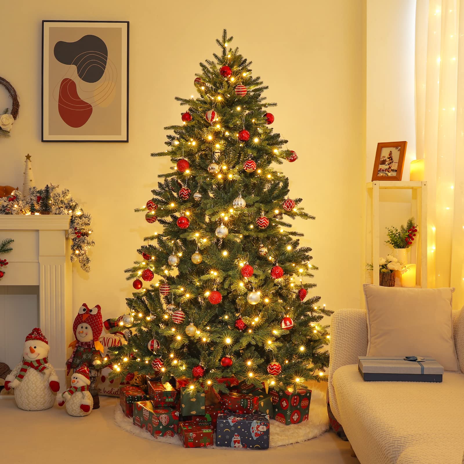 Yorbay Árbol de Navidad Artificial de Nordmann con iluminación LED de Abeto con Soporte de Madera para decoración navideña, de PE y PVC, Reutilizable (180 cm)