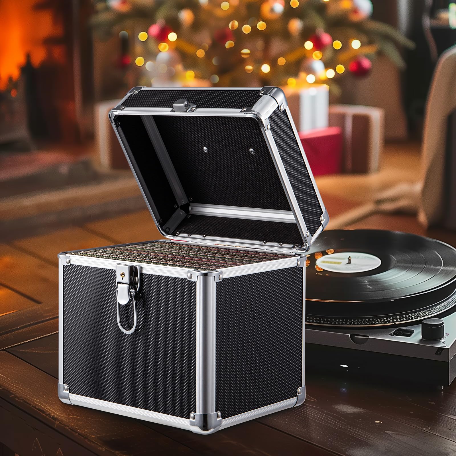 Plattenkoffer Schallplattenkoffer Koffer Abschließbarer Schallplattenkoffer aus Aluminium – Tragbarer Vinyl Koffer – Robuste Schallplattenbox mit Griff (Schwarz, 7 Zoll)