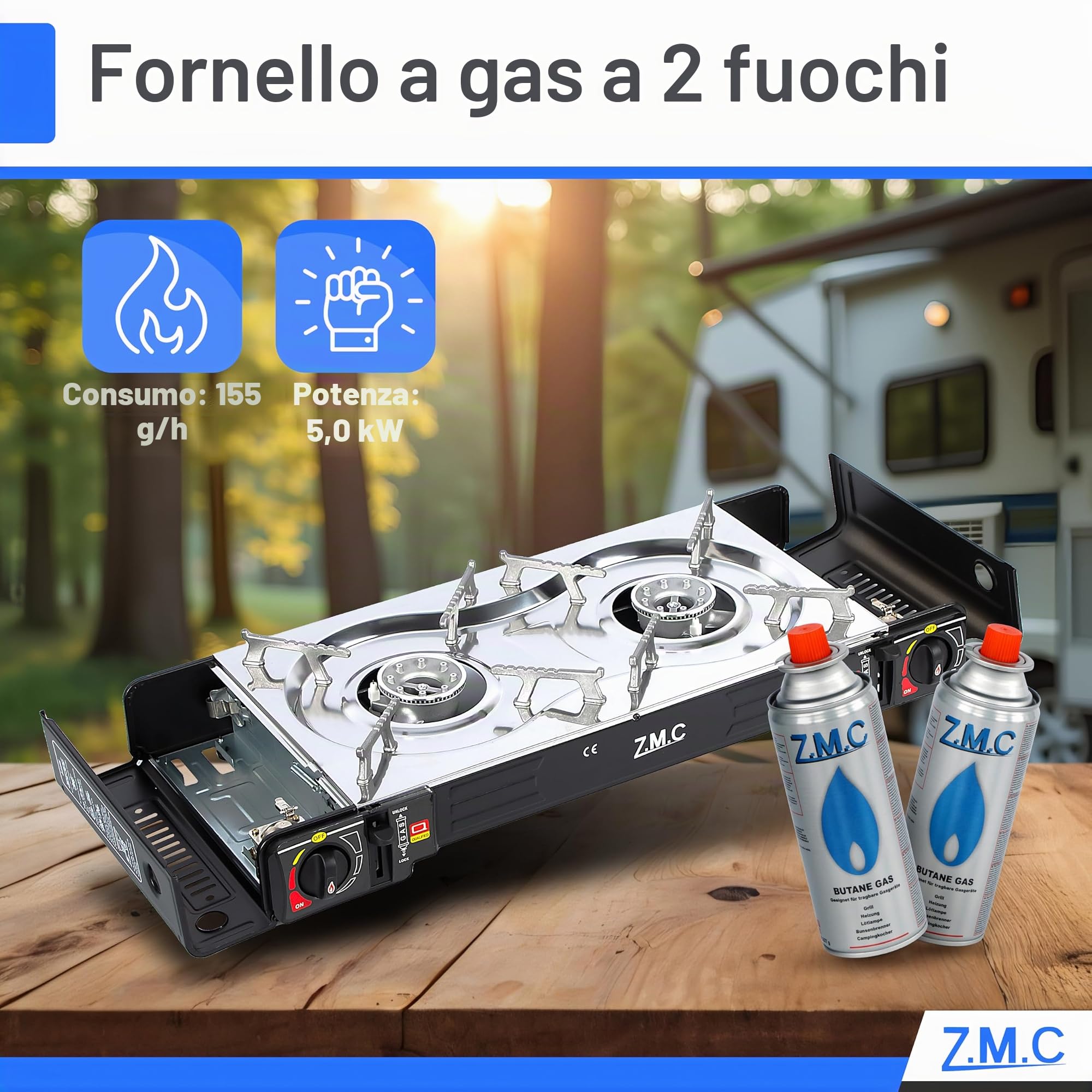 ZMC Fornello a Gas da Campeggio con 2 Faretti, Adattatore GPL, Valigetta di Stoccaggio e Ferro - Compatibile con Cartucce da 227 g