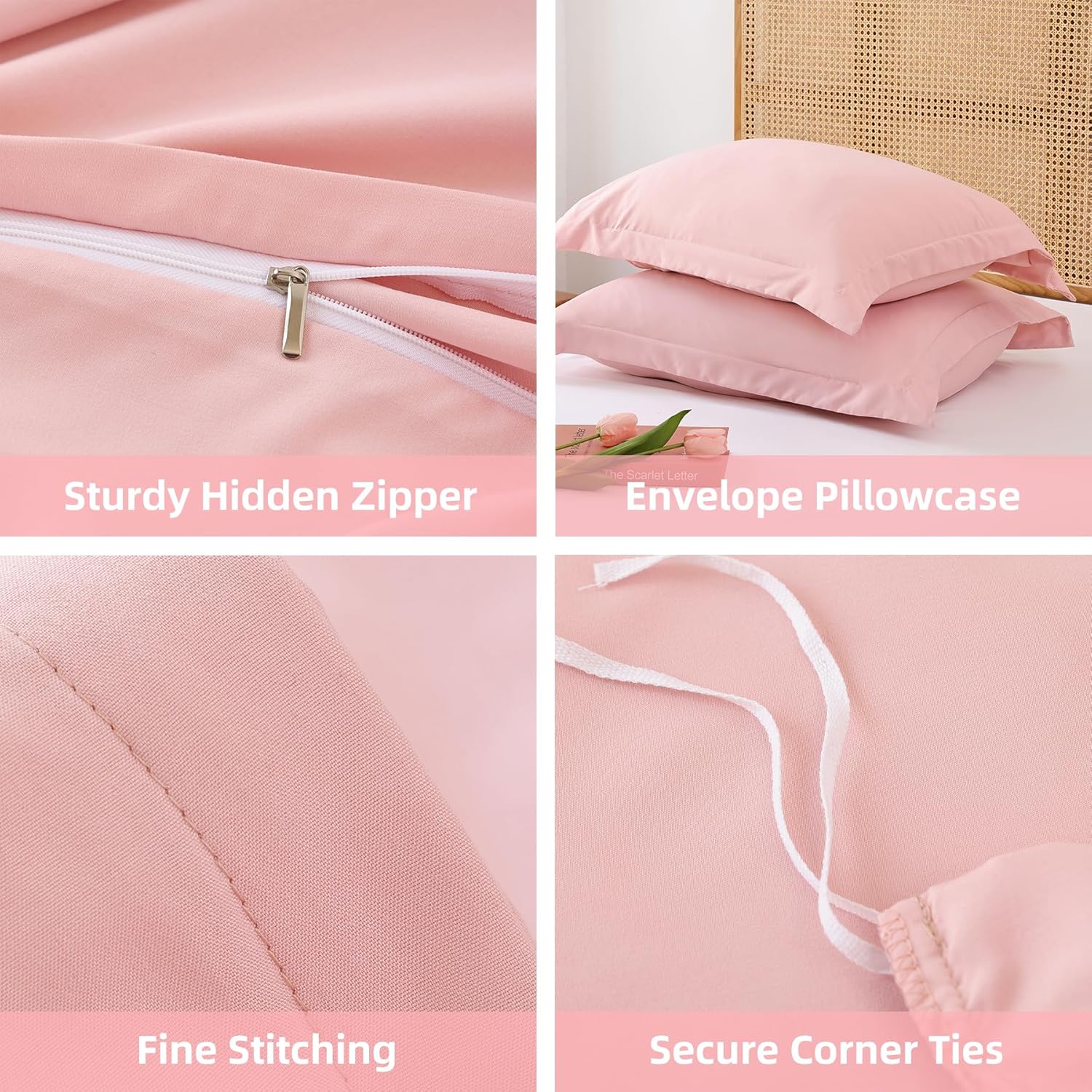 Whitney Home Textile Rose Pink Duvet Cover Set Queen Size - 3 Piece Luxury Soft Cooling Duvet Cover with Zipper Closure and Pillow Sham, Breathable Washed Brushed Microfiber, Comforter Not Included - Image 3