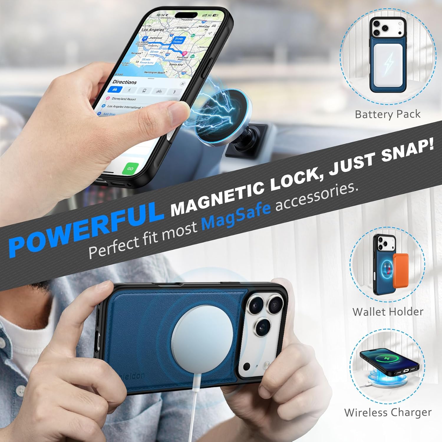 SHIELDON Removable Real Leather Wallet Case for iPhone 17 Pro Max 6.9-inch | Folio Magnetic Cover, Wireless Charging, RFID Blocking Credit Card Holder, Kickstand, Shock Absorbing 2025 - Royal Blue - Image 4