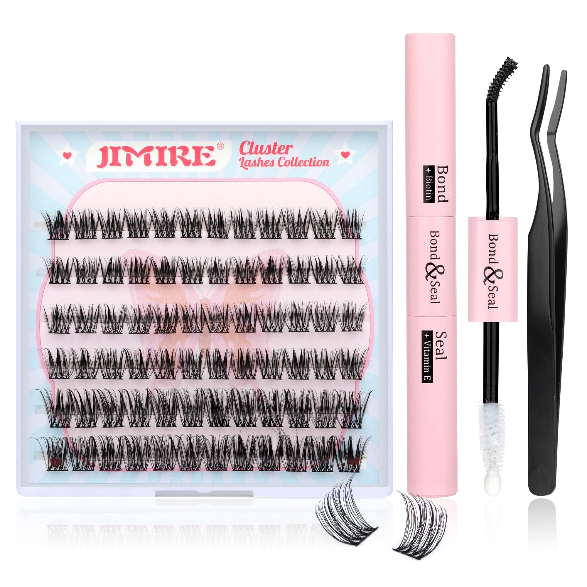 JIMIRE Cluster Lashes Kit DIY Eyelash Extension Kit with Bond Seal Lash Glue Tweezers Individual Eyelashes Kit 10-12-14MM Mix C Curl Wispy 72Pcs Lashes Individual Cluster Natural Look DIY at Home