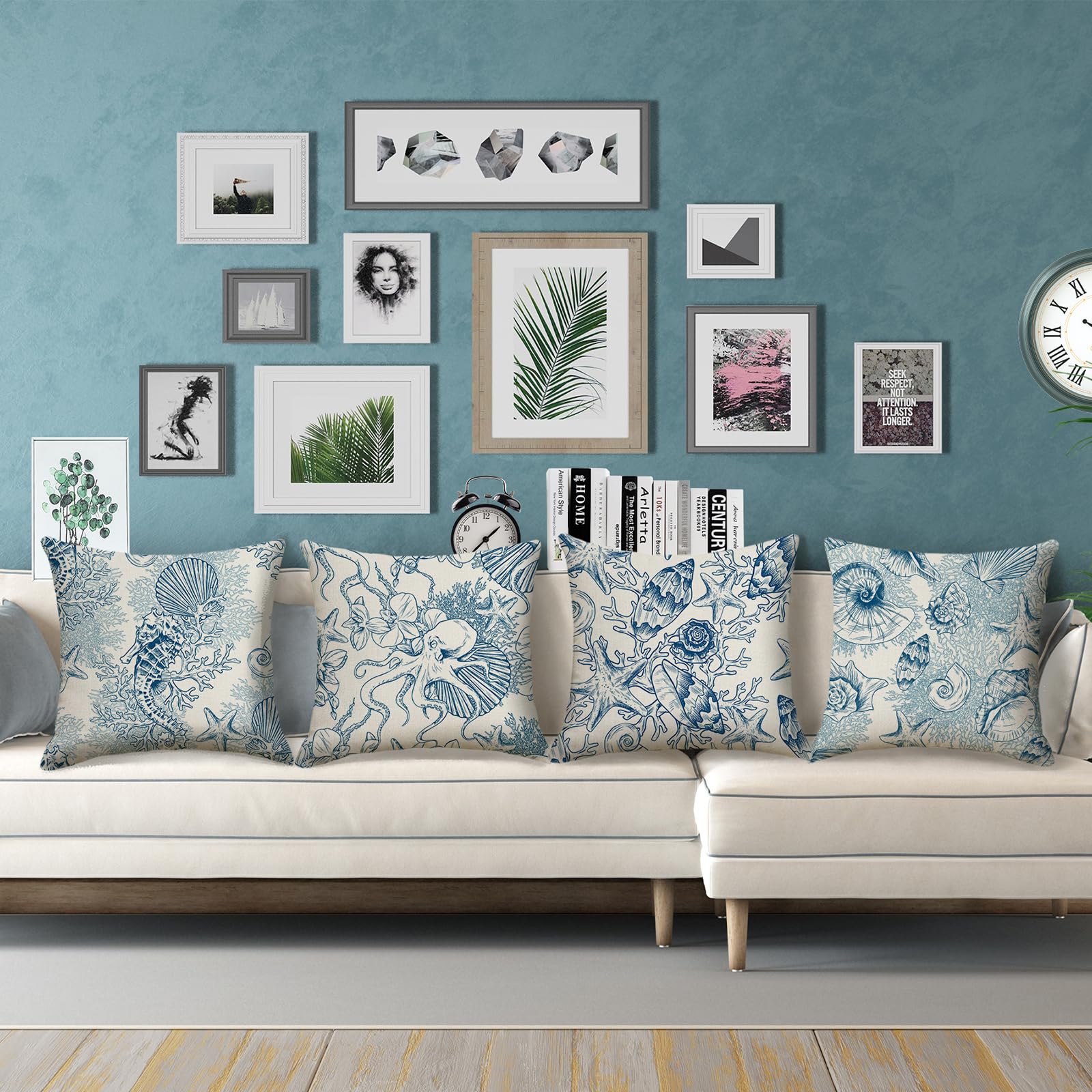 4 Copricuscini Quadrati 45x45 Cm Impermeabili Per Esterni – Cuscini Decorativi Con Conchiglie E Corallo, Blu