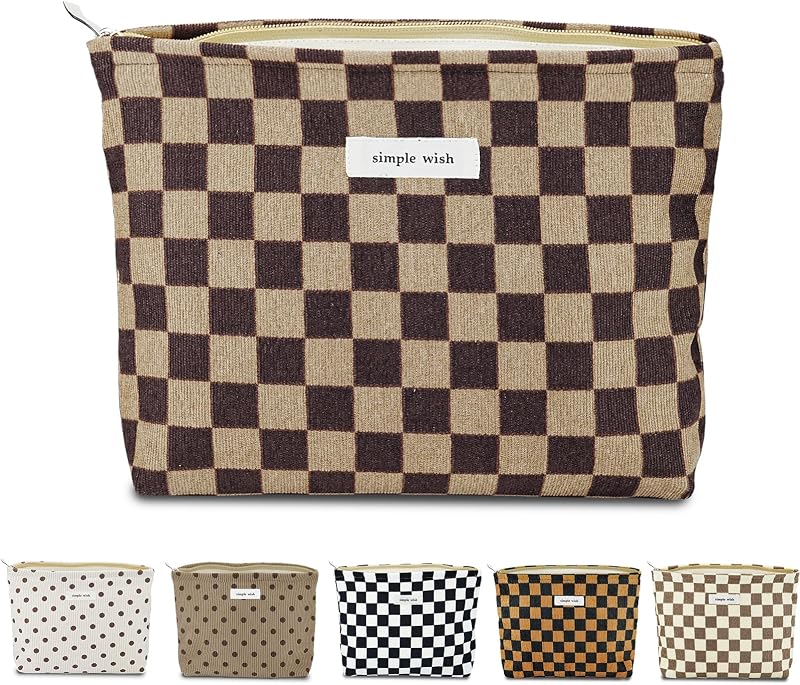 Necessaire Sminra de Veludo Cotelê Xadrez Marrom com Zíper