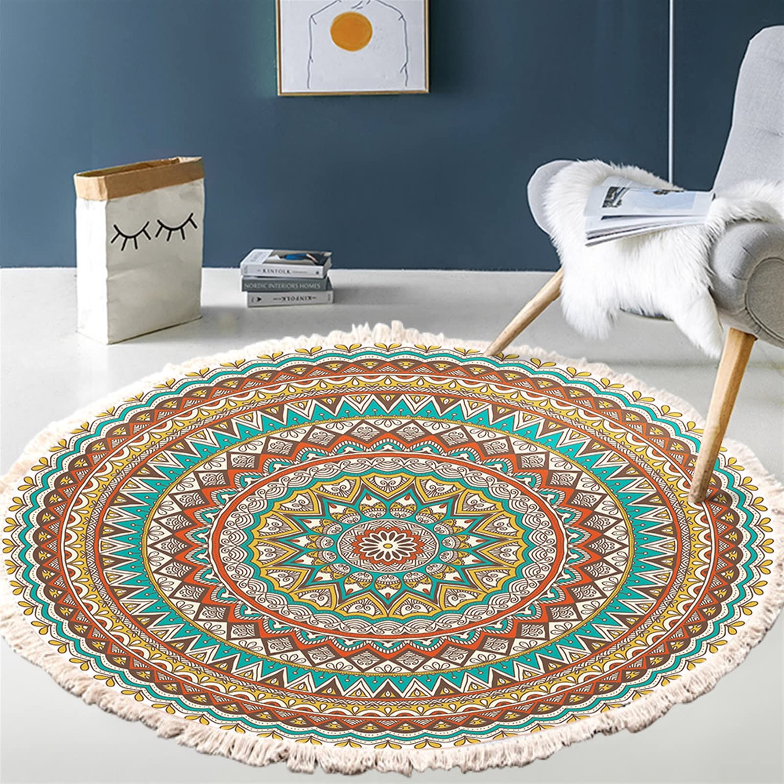 Carvapet 5' Round Area Rug Chic Boho Mandala Print Circle Rugs Non S