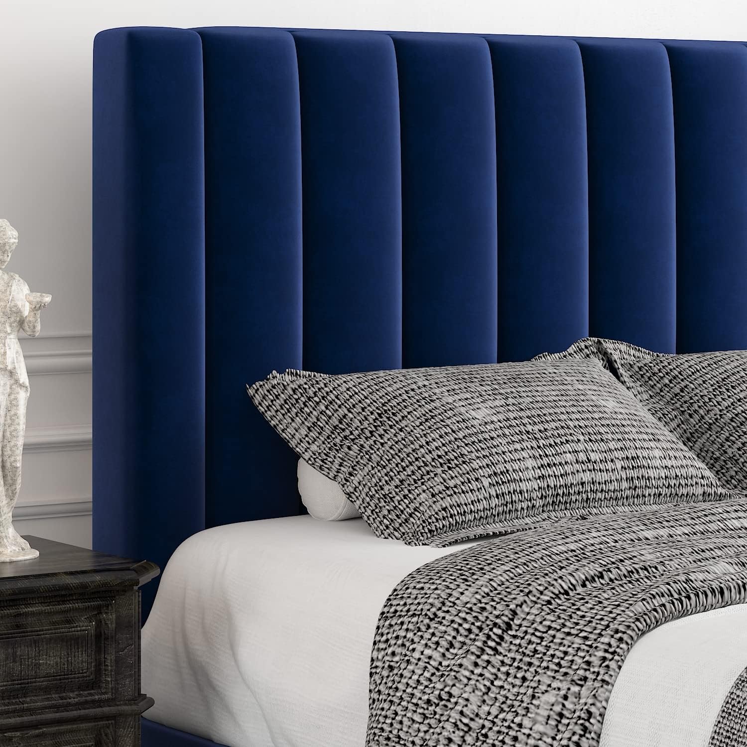 Allewie King Platform Bed Frame/Velvet Upholstered Bed Frame with Vertical Channel Tufted Headboard/Strong Wooden Slats/Mattress Foundation/Box Spring Optional/Easy Assembly/Navy Blue