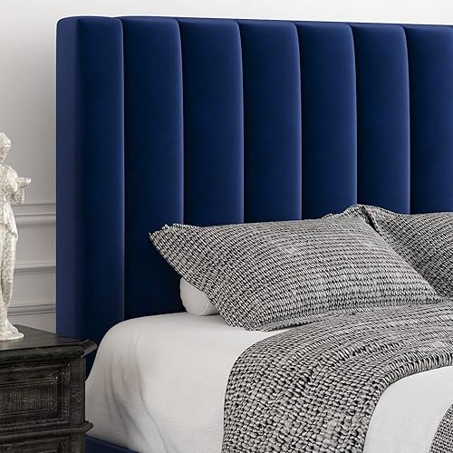 Miniatura 79 de Allewie - Base de cama tapizada en terciopelo, cabecera capitoné de canales verticales, listones de madera reforzados, opción de somier, fácil de