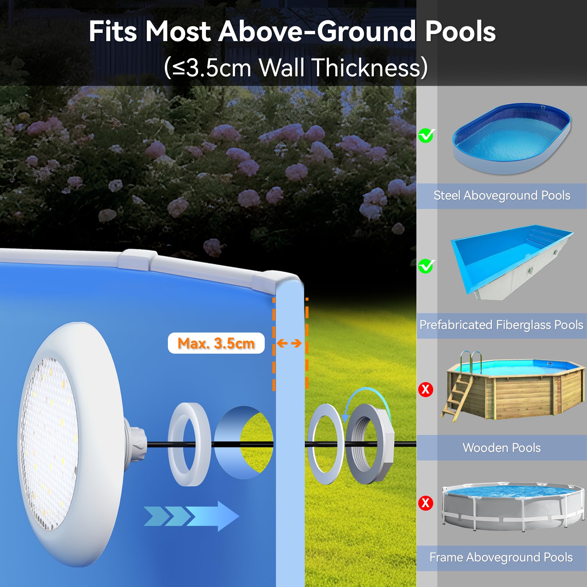 LyLmLe Proiettore Piscina LED con Filettatura Esterna 2", 18W Lampade Piscina 2 Colori Selezionabili Bianco 3000K & 6000K, Ø242mm, 12V AC Luce Sommergibile per Piscinas Fuori Terra Acciaio