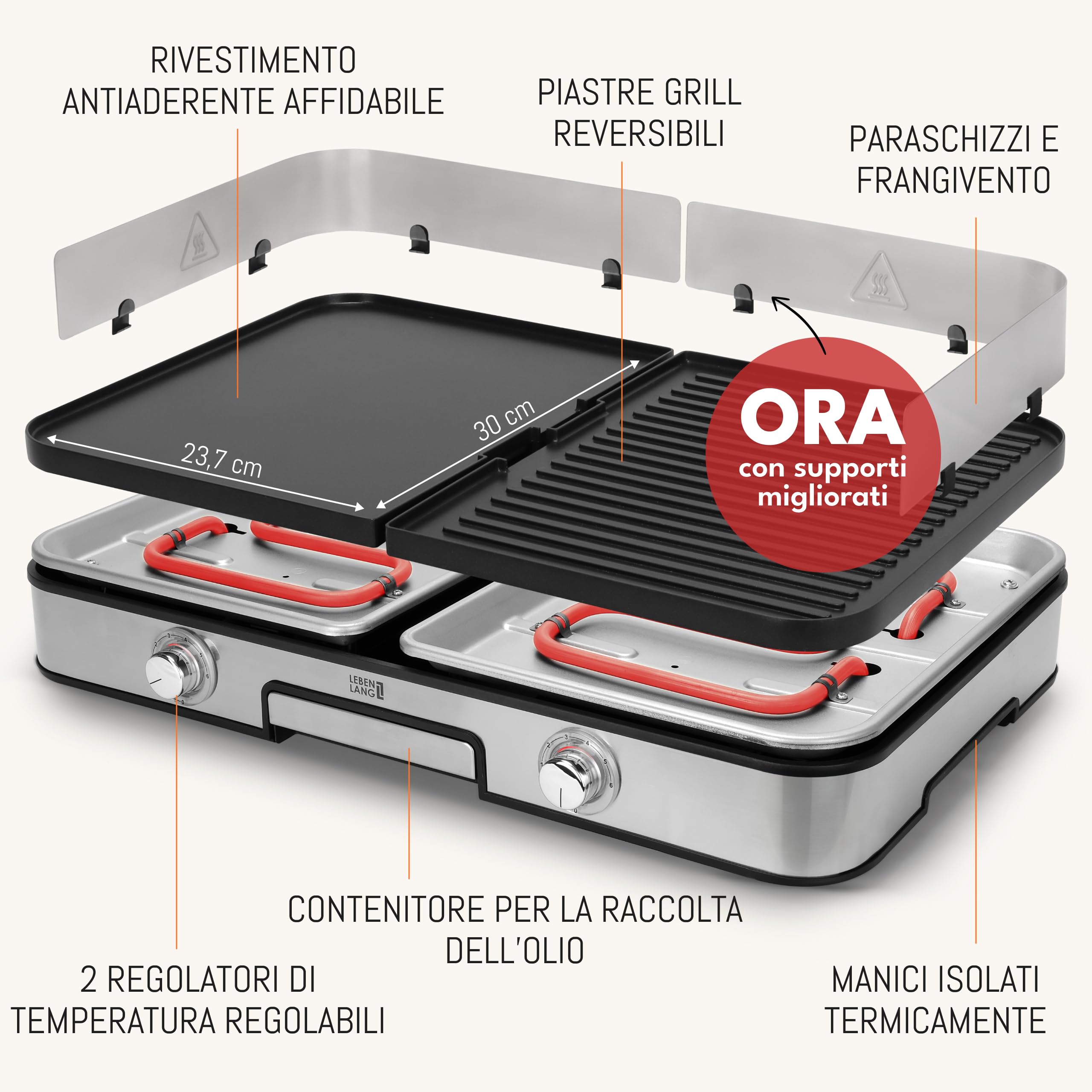 LEBENLANG Griglia Elettrica XXL 2400W - Grill Elettrico Piastra Senza Fumo BBQ Da Balcone