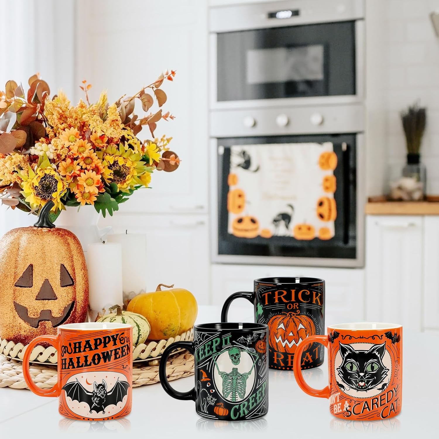Whaline 4Pcs Halloween Mug Pumpkin Black Cat Bat Skeleton Coffee Mug Orange Black Ceramic Drinking Mugs for Halloween Party Supplies Table Centerpieces, 12oz