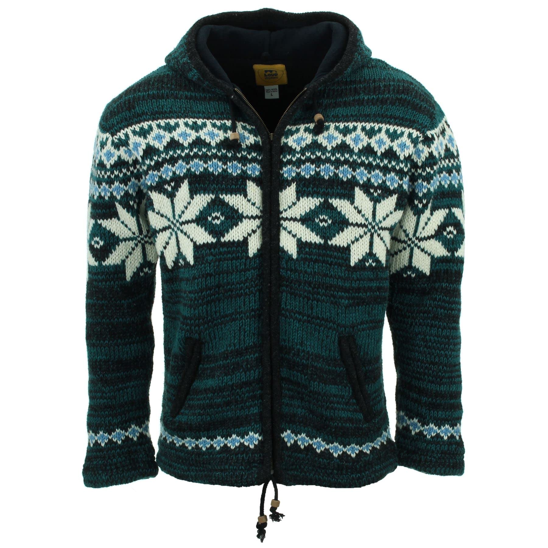 LOUDelephant Hand Knitted Wool Hooded Jacket Cardigan - Fairisle Teal (Large)