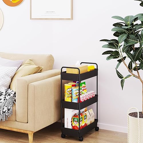 Miniatura 38 de Buzowruil Carrito de almacenamiento rodante de 3 niveles, organizador de estantería móvil, carrito utilitario con ruedas para cocina, baño,