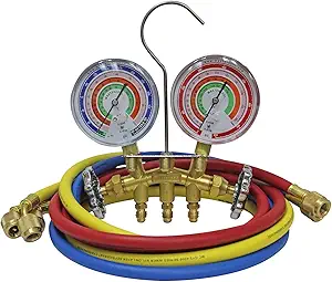 Mastercool 59161 2-Way Heavy Duty Brass Manifold Gauge Set with 3 1/8" Silicone Dampened Gauges and 1/4" SAE Fittings for R410a, R22, R404A - U.S. Assembled & Tested with 60" Hoses