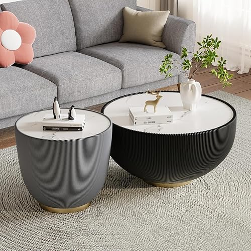 Miniatura 26 de Mesa auxiliar redonda de 29.53 pulgadas, mesas de cóctel modernas con textura vertical decorativa, mesas centrales de cuenco blanco de 29.53 1 Mesa