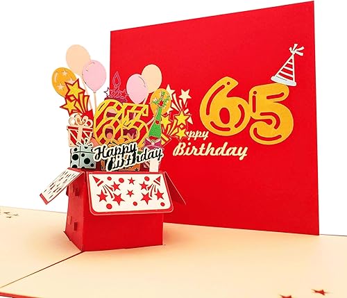 Miniatura 5 de iGifts And Cards Tarjeta de felicitación emergente 3D con caja de fiesta de cumpleaños número 65 color rojo de feliz 65 años – Sesenta y cinco,