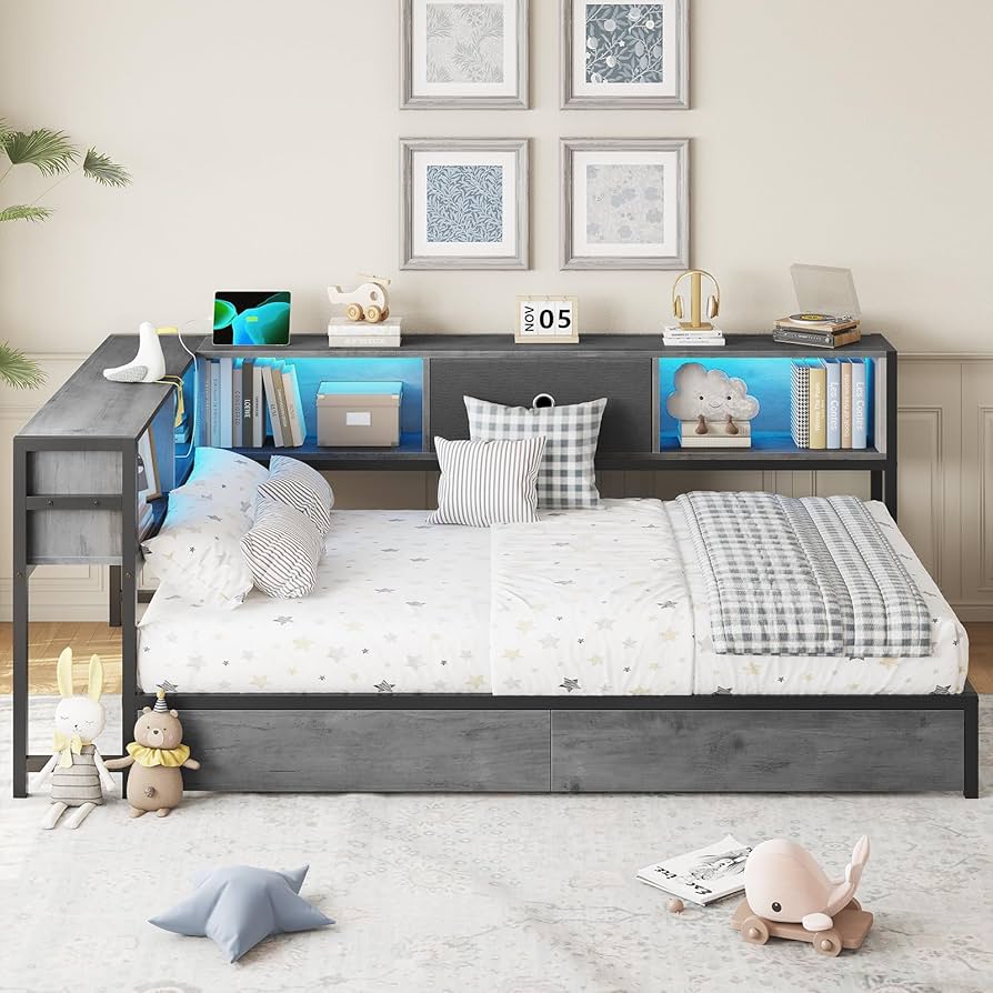 【tak】ベッド Amazon.com: DICTAC Corner Bed Frame with Bookcase Storage