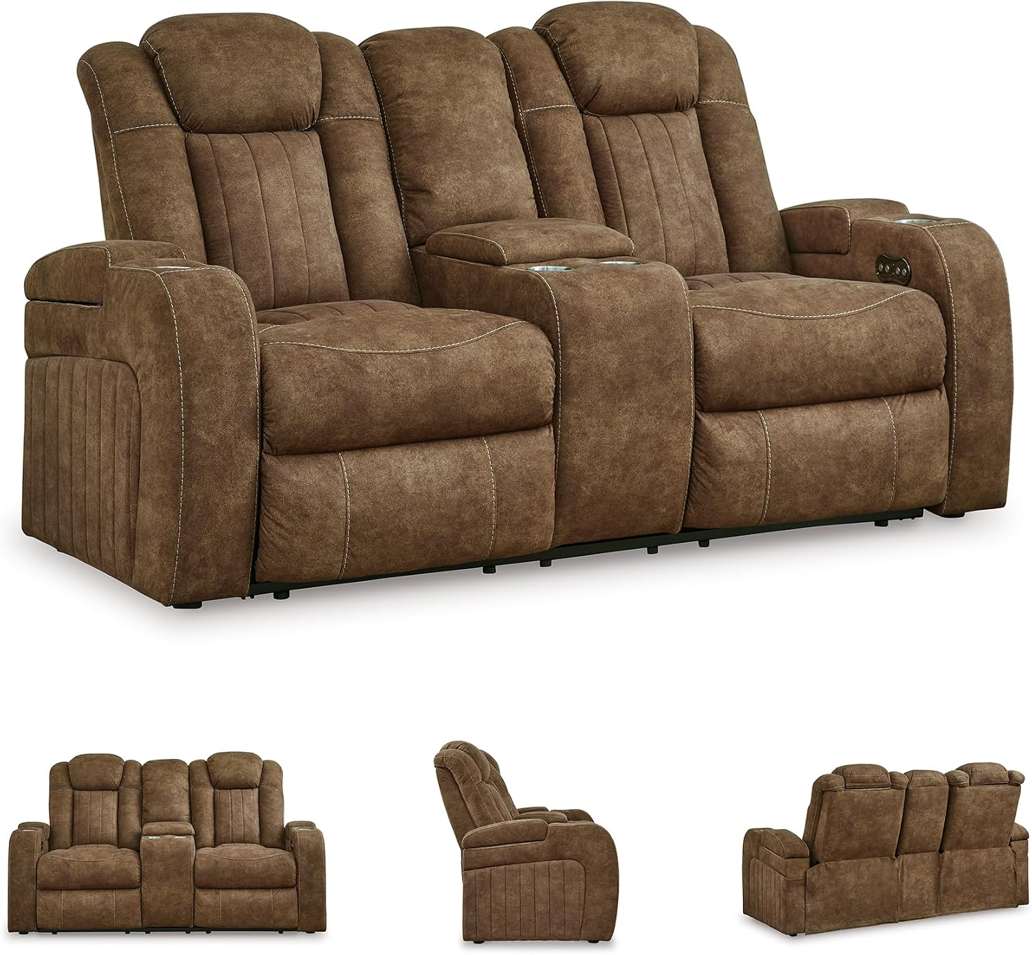 Signature Design by Ashley Wolfridge Contemporary Faux Leather Power Reclining Loveseat with Console, Cup Holders and USB Ports, Light Brown