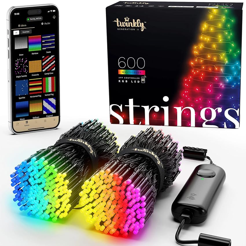 Immagine del prodotto Twinkly Strings - Luci di Natale Smart con 600 LED RGB - Decorazioni Natalizie per Interni ed Esterni - Illuminazione Controllata da App, filo nero, 48 m