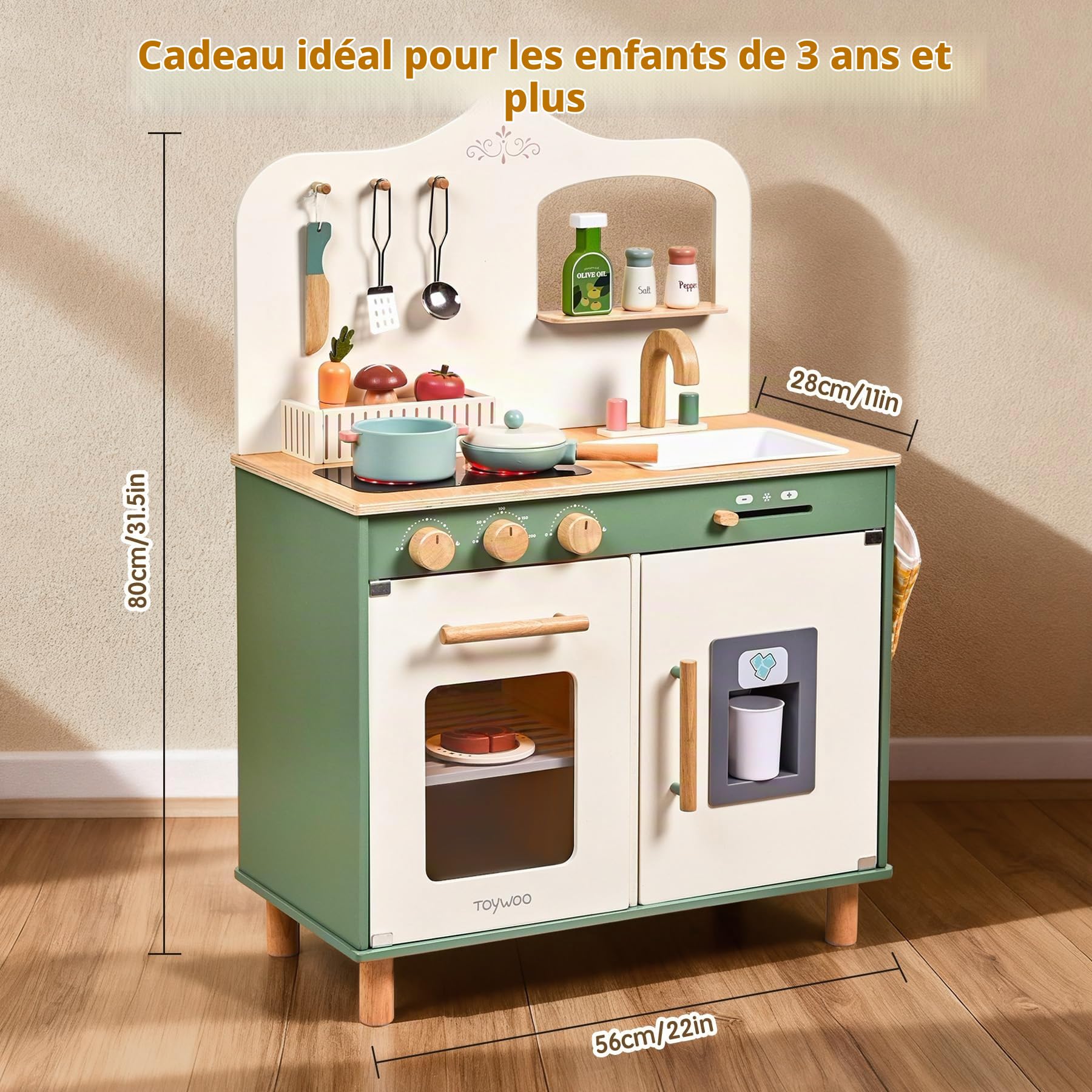 TOYWOO Cuisine en bois pour enfants avec lumière et son, cuisine de jeu pour enfants à partir de 3 ans avec set de nourriture à découper, évier, cuisinière et micro-ondes, jouet éducatif de jeu de