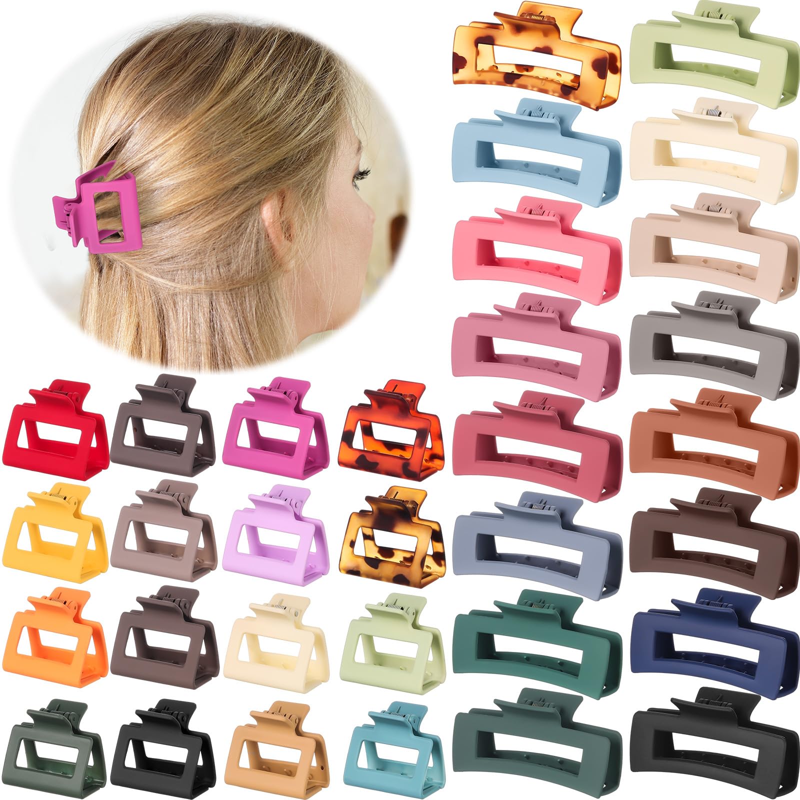 Tigeen 32 pinzas de pelo grandes y medianas de 4.1 pulgadas, elegantes y elegantes para mujeres y niñas, pinzas de agarre fuerte, antideslizantes, pinzas grandes mate brillantes para cabello grueso