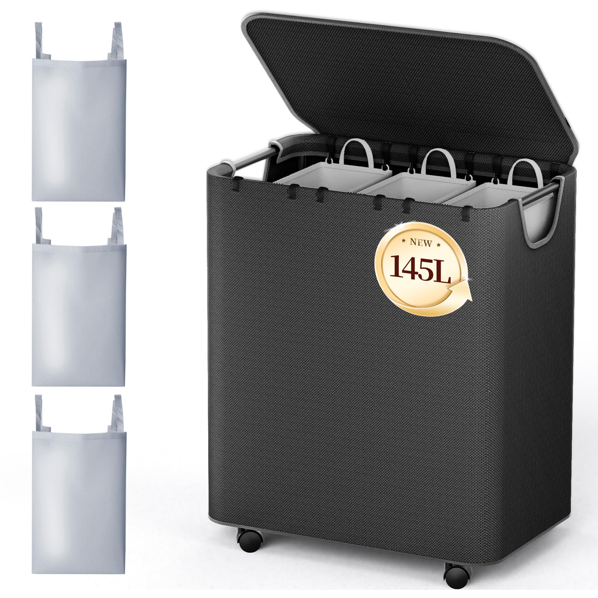 LAMU Wäschekorb mit Deckel, Wäschesammler 145L, 3 Fächer und 3 Wäschesack Herausnehmbar, Schnellaufbau, Wäschesortierer für Badezimmer, Schlafzimmer, Wäschekammer, Kinderzimmer – Schwarz