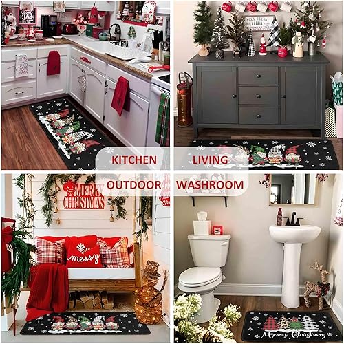 Miniatura 5 de Juego de 2 alfombras y tapetes de cocina de Navidad con diseño de camión rojo a cuadros de búfalo, gnomos de árbol de Navidad, nieve, invierno,