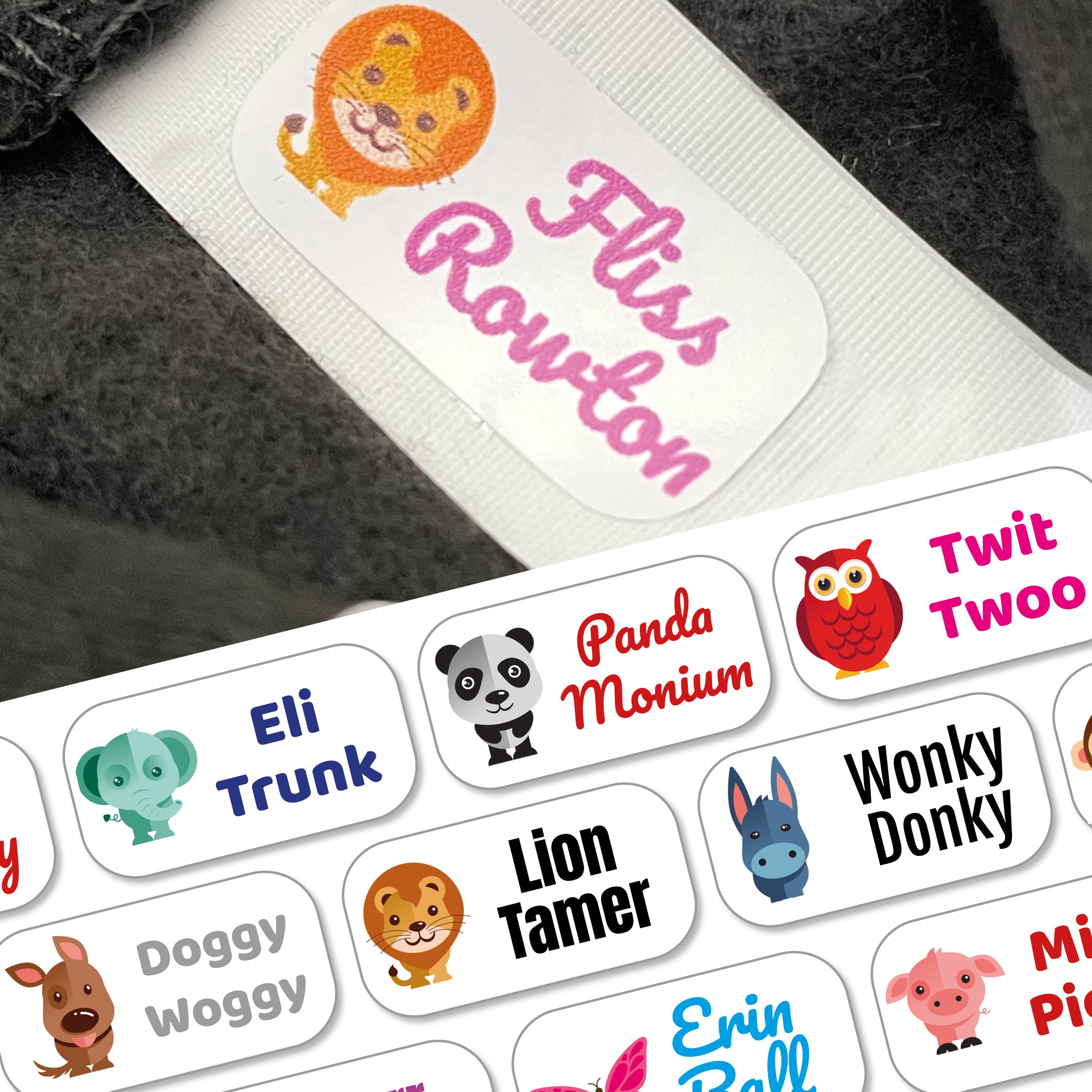 60 Personalised Stick on Name Labels for Clothes with icon. Washable No Iron Clothing Stickers for Kids School Uniform, Children, Care Homes, Nursery and Day Care