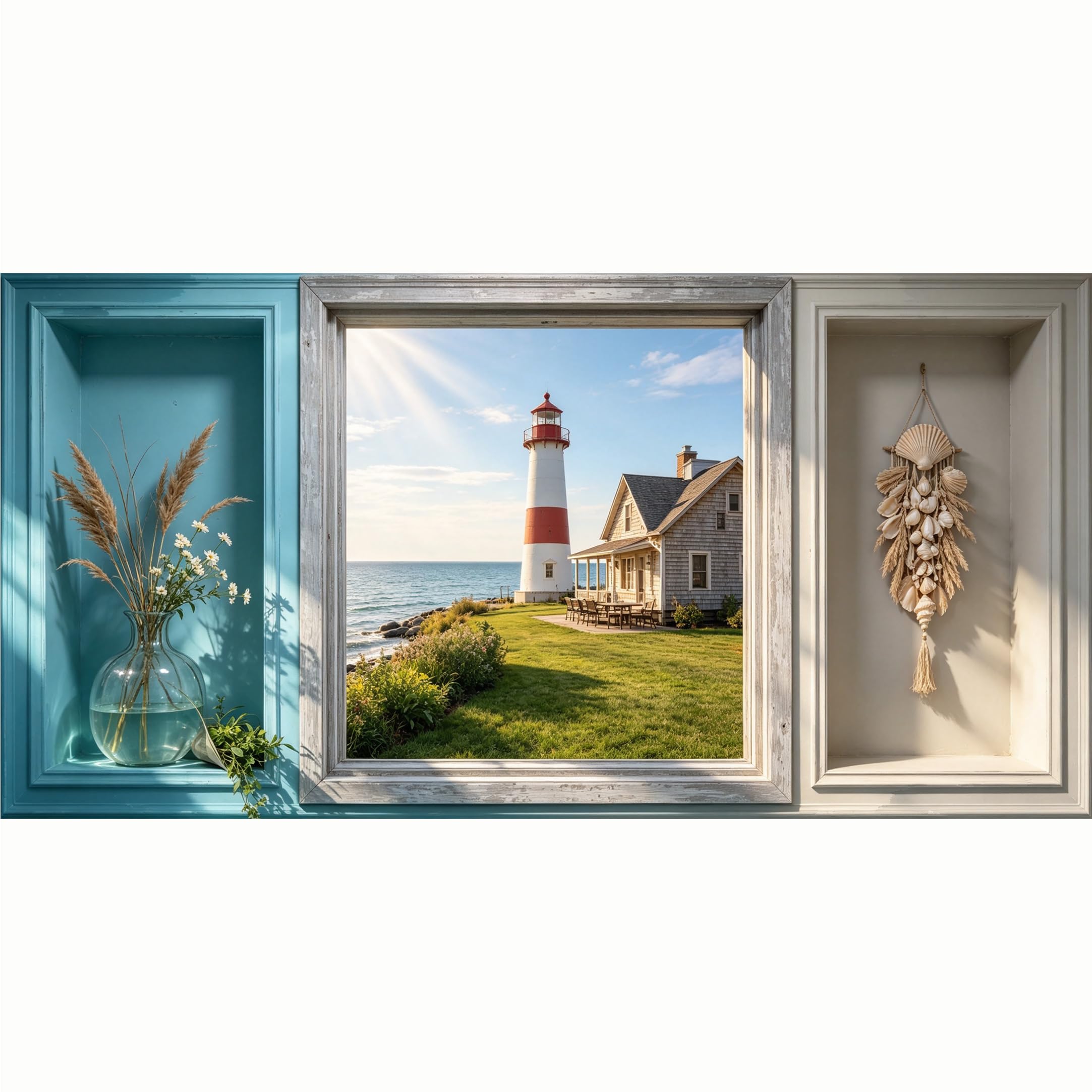 QZLITHOTIC 50x100cm 3D Framed Wall Art， Coastal Lighthouse Ocean Seascape Self‑Adhesive Mural， Water‑Activated Peel & Stick Fabric Decor Wall Decal for Bedroom Living Room