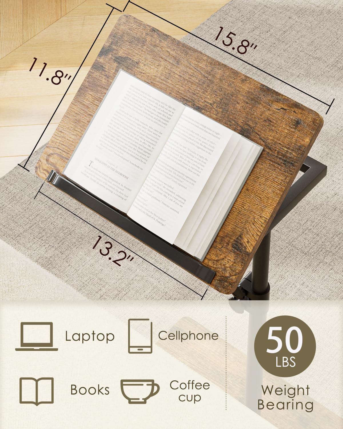 Masupu Sofa Arm Tray Table - 360° Swivel Height Adjustable End Table, Small Snack Side Table for Couch, C Shaped Table for Bed, Chair or TV Tray Table(Rustic Brown, Angle Adjustable)