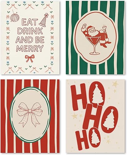FGFK Juego de 4 impresiones artísticas retro de Navidad en rojo y verde, vintage de los años 70, divertidos pósteres de Navidad, cóctel, Santa