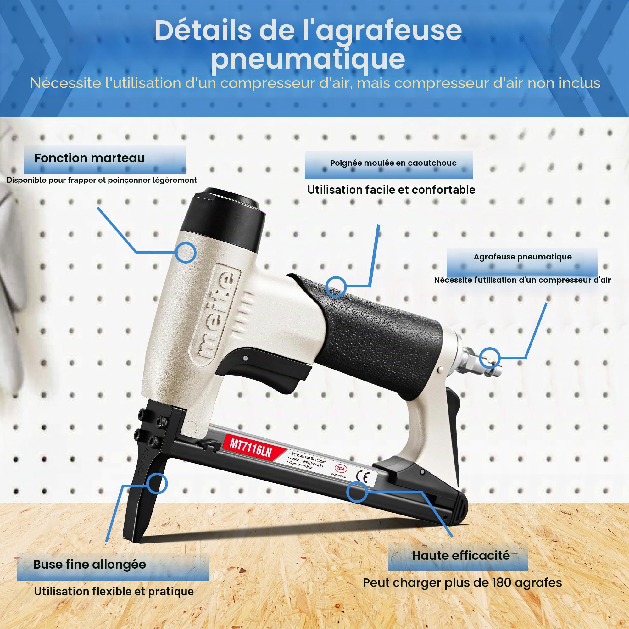 meite MT7116LN Agrafeuse Pneumatique Bec Long, Utilise des Agrafes de Type 71, Agrafes 6 à 16 mm, Couronne 9,1 mm – Pression de Travail 5-7 bar – Agrafeuse Pneumatique Pour Meubles et Travail du Bois