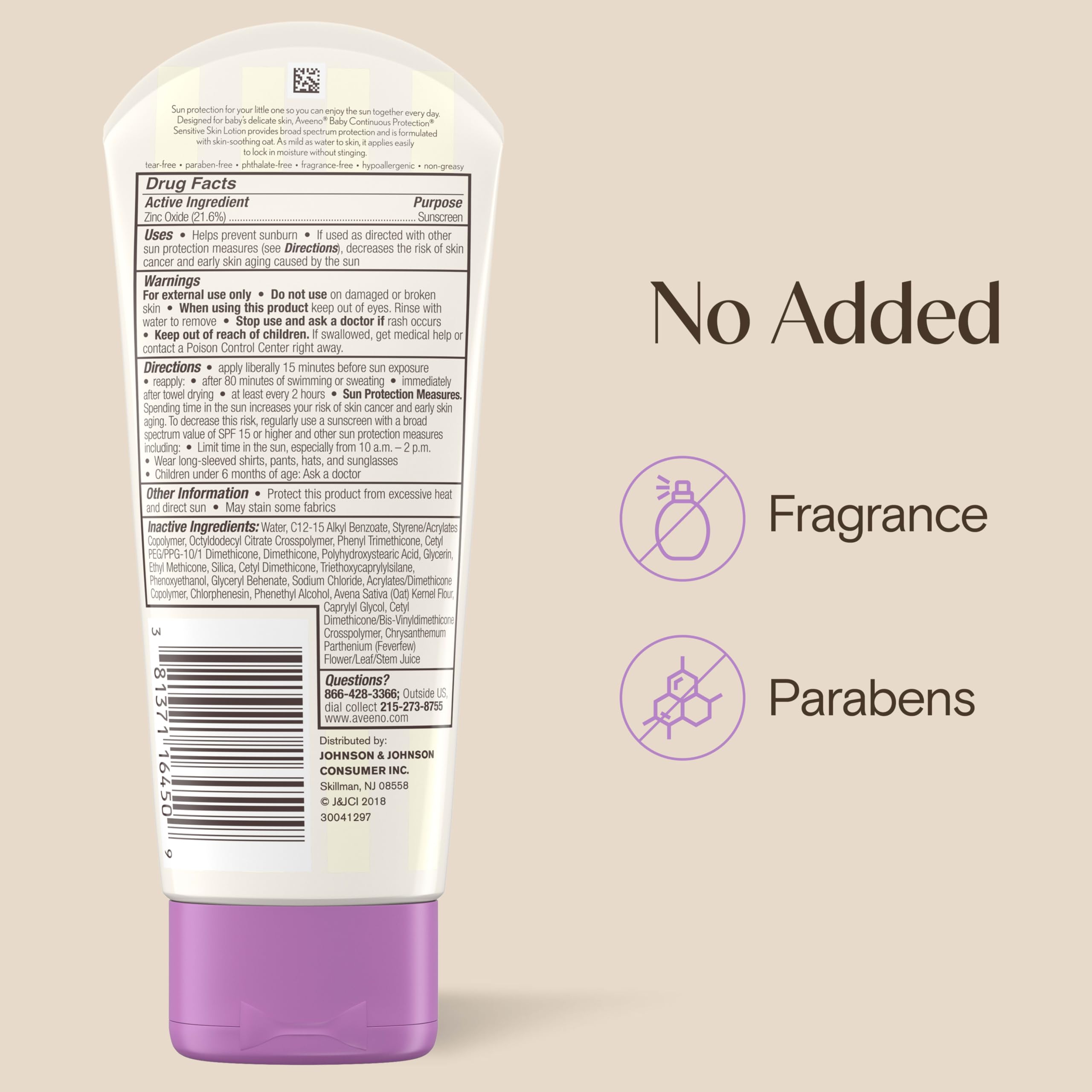 Aveeno Baby Continuous Protection Zinc Oxide Mineral Sunscreen Lotion With Broad Spectrum SPF 50, Sweat And Water Resistant, 3.0 Fl. Oz