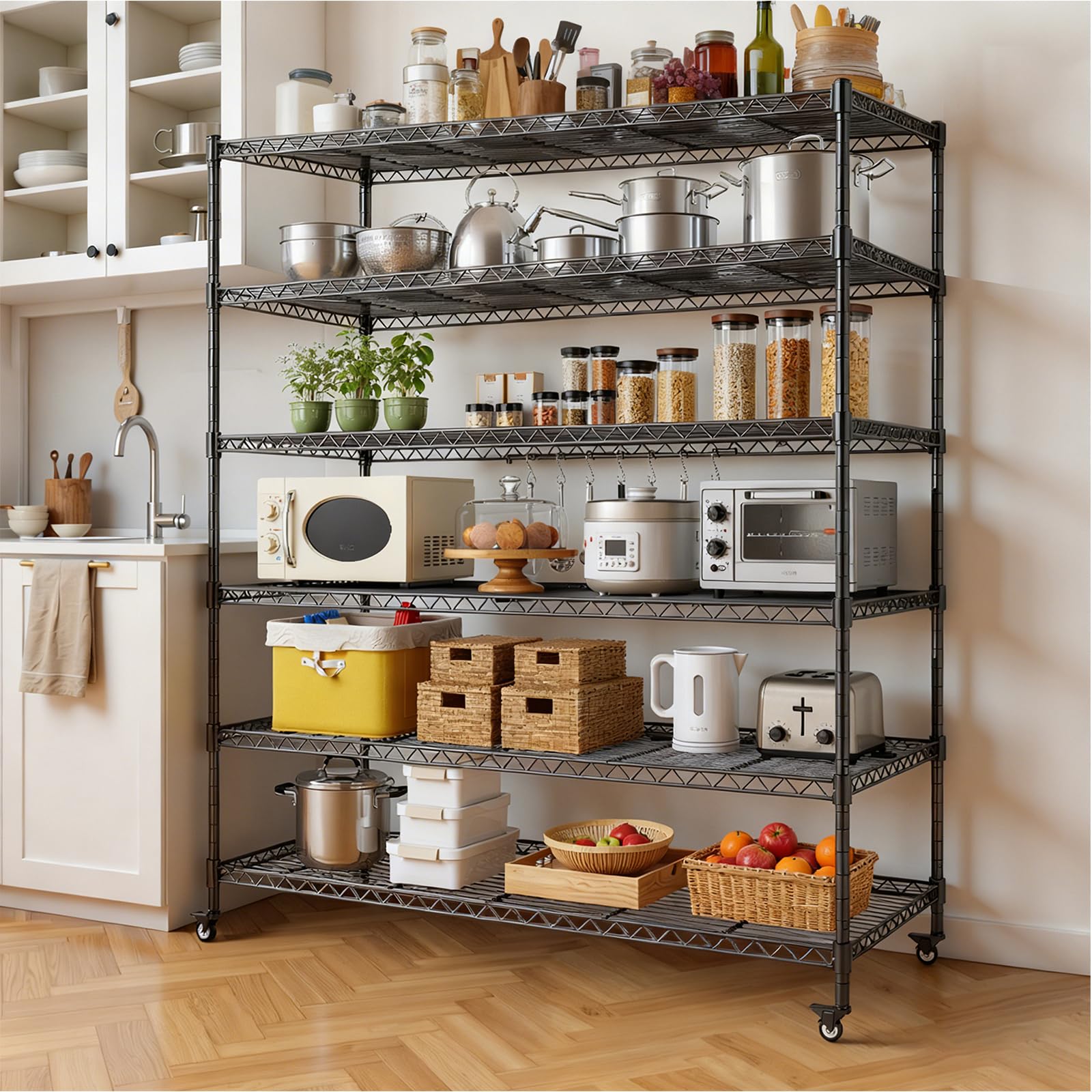 6 Ripiani Scaffale Metallo,Scaffalatura Mobile con Ruote e Piedini Regolabili,Scaffalature Verticali Adatte a Cucine, Garage e Dispense,Scaffali Garage Capacità di carico 1700 kg,118 × 46 × 204 cm