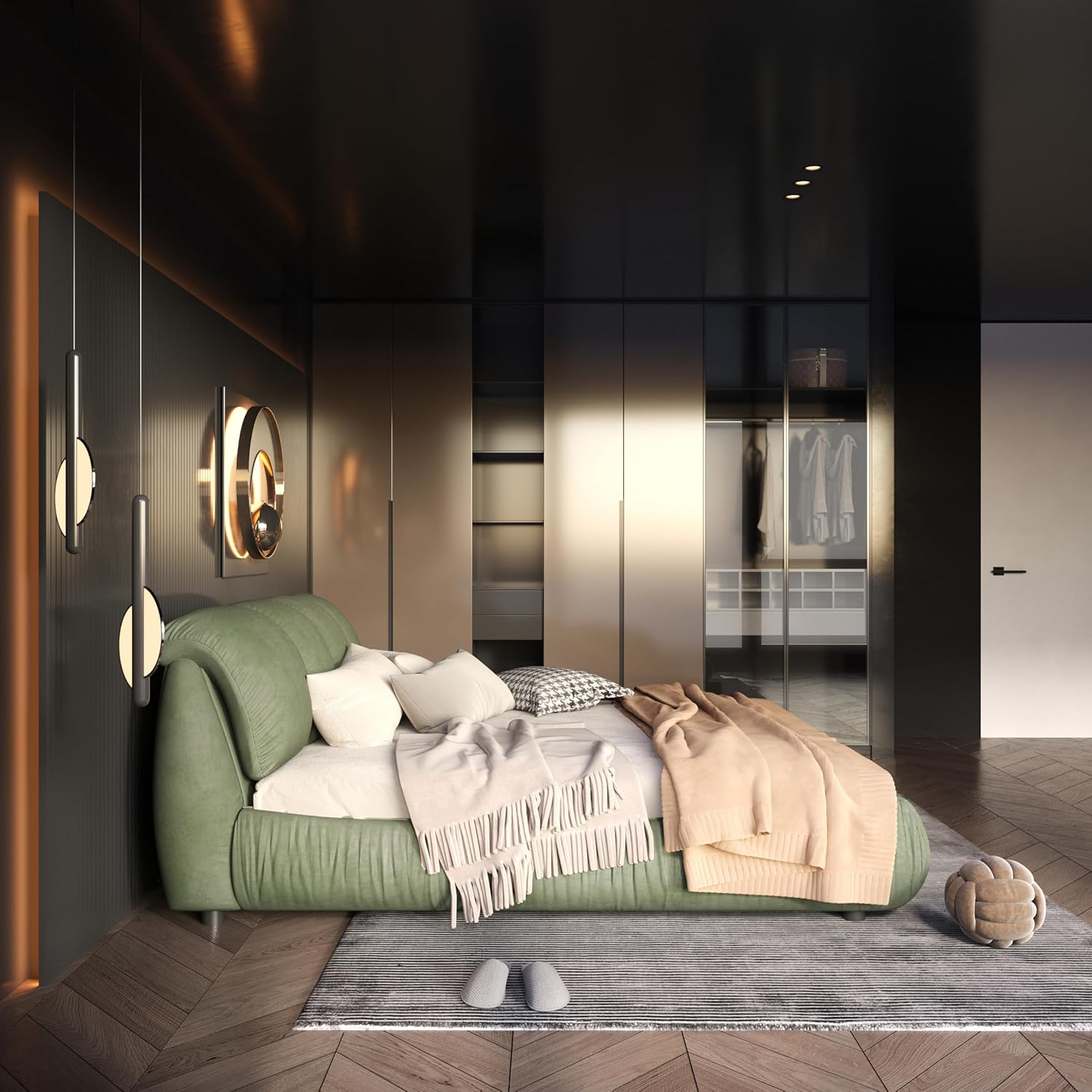 King Size Upholstered Platform Bed with Oversized Padded Headboard, Modern Luxury Solid Wood King Size Bed Frame, Multiple Mattress Heights Upholstered Cloud Bed Frame, No Box Spring Needed, Green