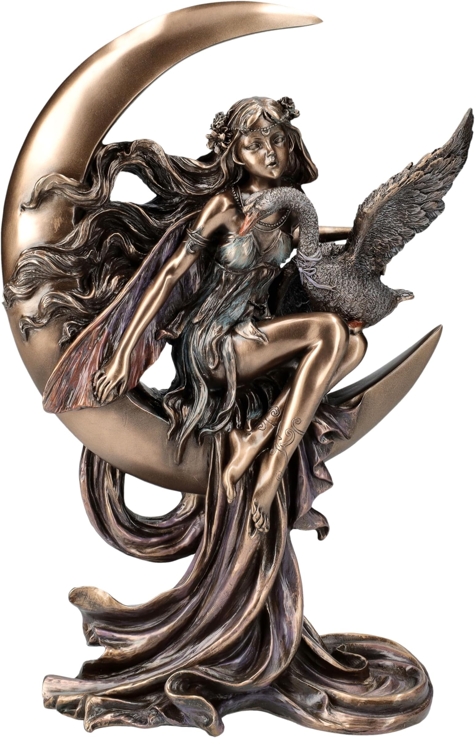 Veronese Elf Figurine with Swan on Moon: Bronzed, 24.5 cm, Artificial Stone, Fairy Statue Skultpur Fantasy Decoration