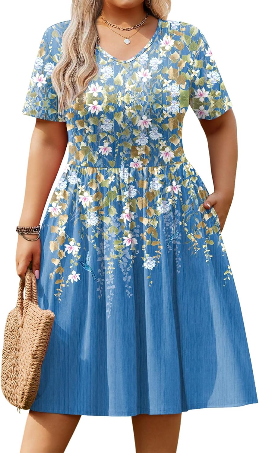 IN'VOLAND Women's Plus Size Short Sleeve Dress Summer Casual V Neck Knee Length A-Line Loose T-Shirt Dress with Pockets