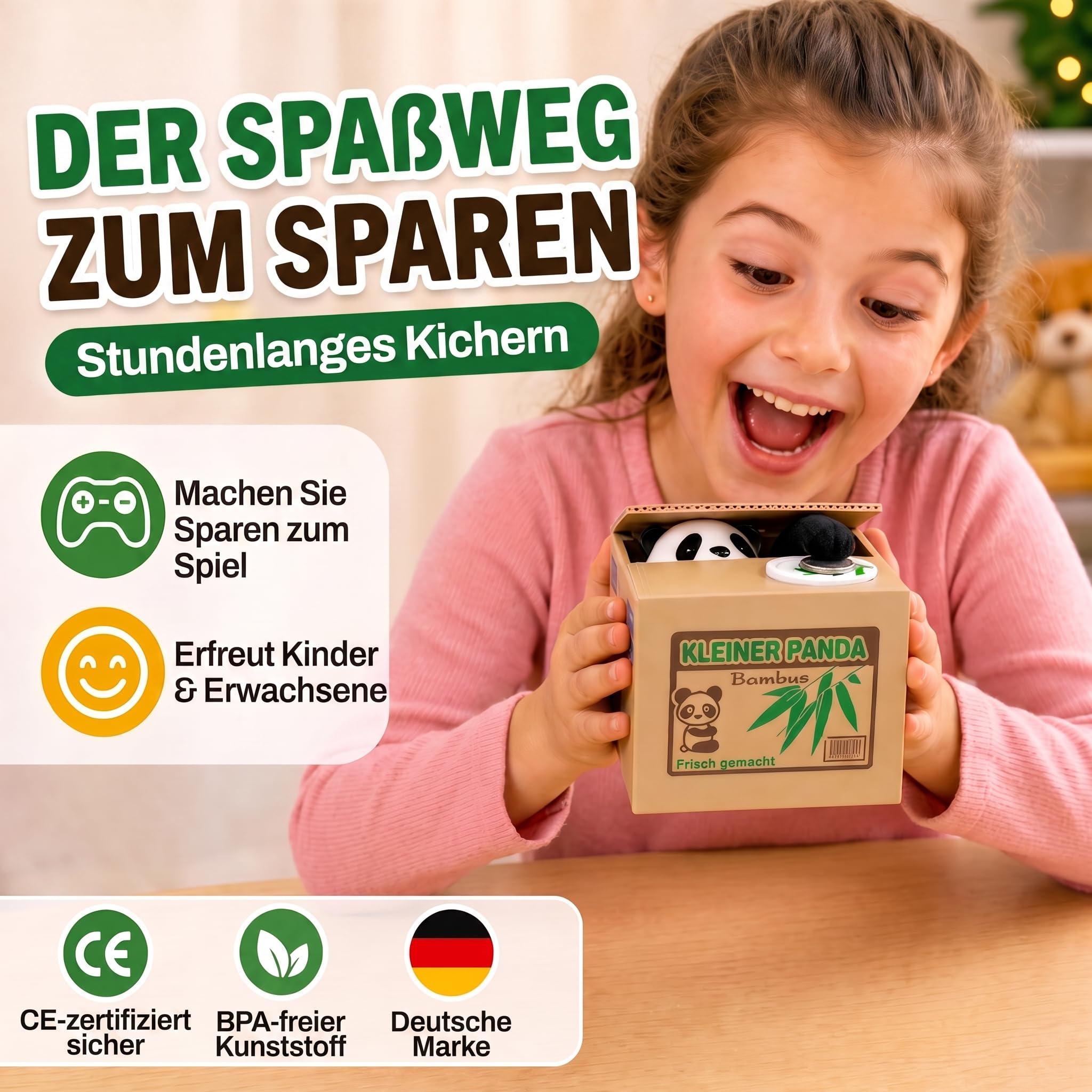 GOODS+GADGETS® Elektroniczna Skarbonka Panda - Interaktywna | Miś panda chwyta monetę na dźwięk i muzykę – nauka oszczędzania jako zabawa dla dzieci